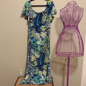 Attitudes by Renee Blue Paisley Maxi Dress with Green Accents